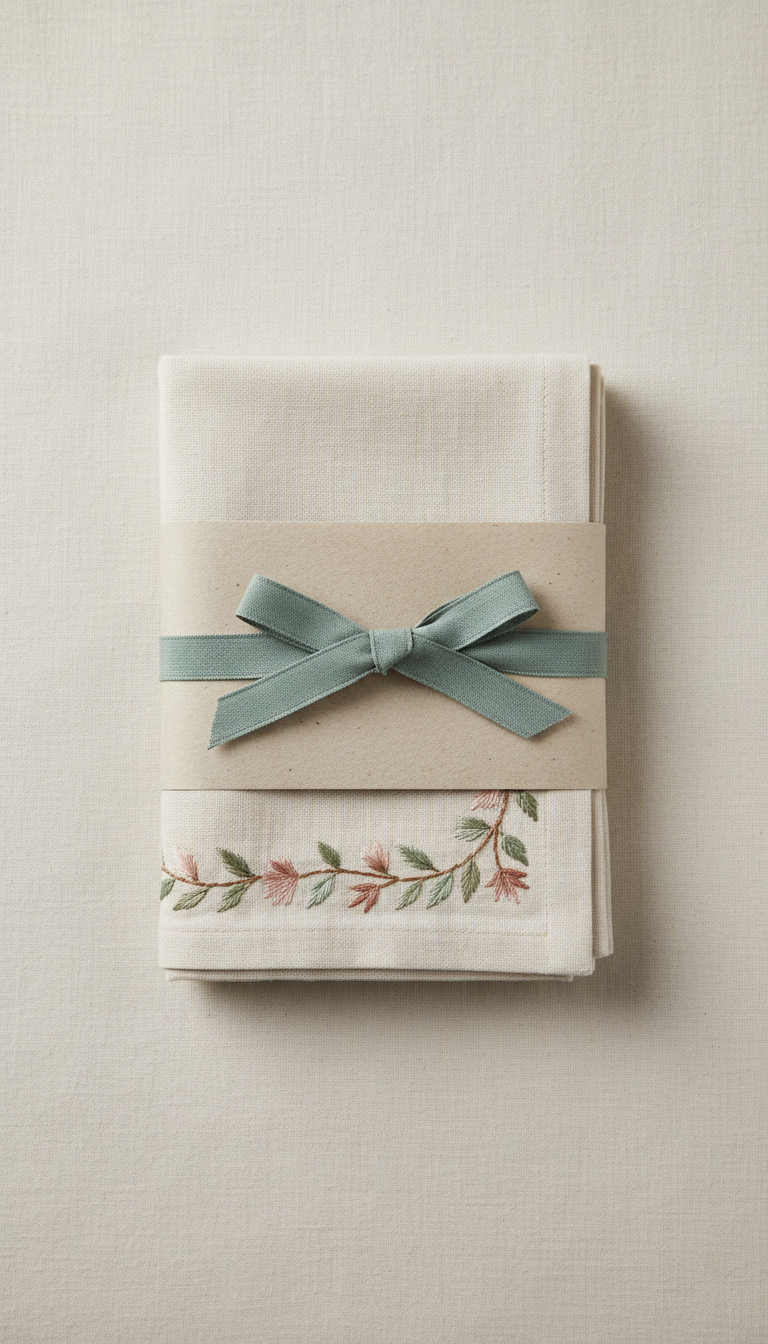 Embroidered Linen Napkin Set with Gift Wrapping